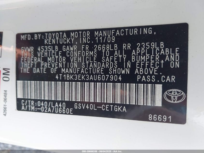 2010 Toyota Camry Xle V6 VIN: 4T1BK3EK3AU607904 Lot: 38666356