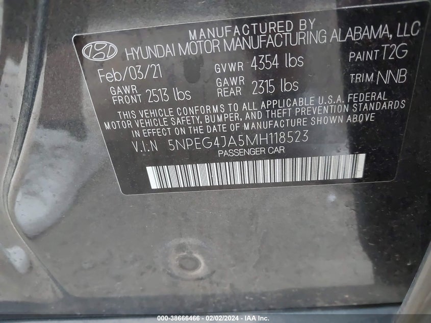 2021 HYUNDAI SONATA VIN: 5NPEG4JA5MH118523