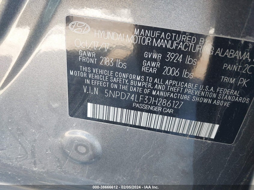 VIN 5NPD74LF3JH286127 2018 HYUNDAI ELANTRA SE