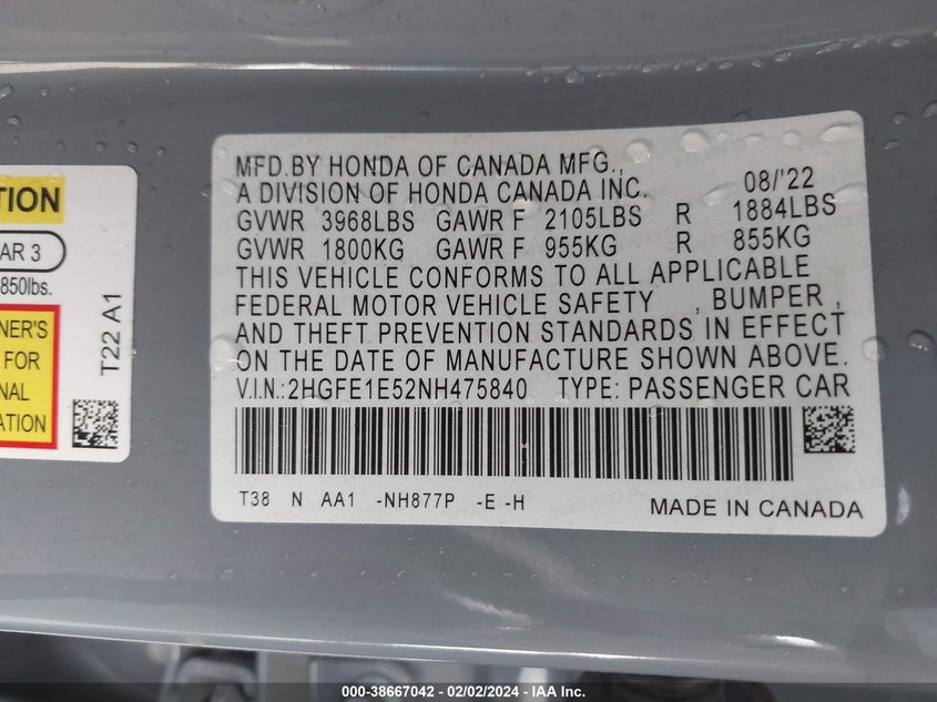 VIN 2HGFE1E52NH475840 2022 HONDA CIVIC SI SEDAN
