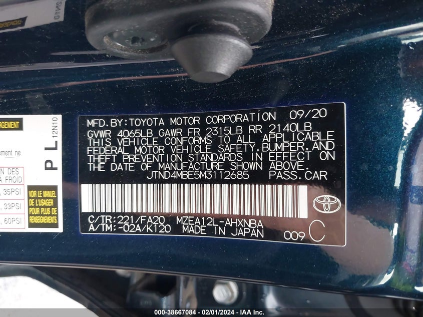 VIN JTND4MBE5M3112685 2021 TOYOTA COROLLA SE