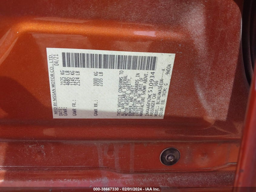 VIN 1N4AA6FV2MC510934 2021 NISSAN MAXIMA PLATINUM XTRONIC CVT