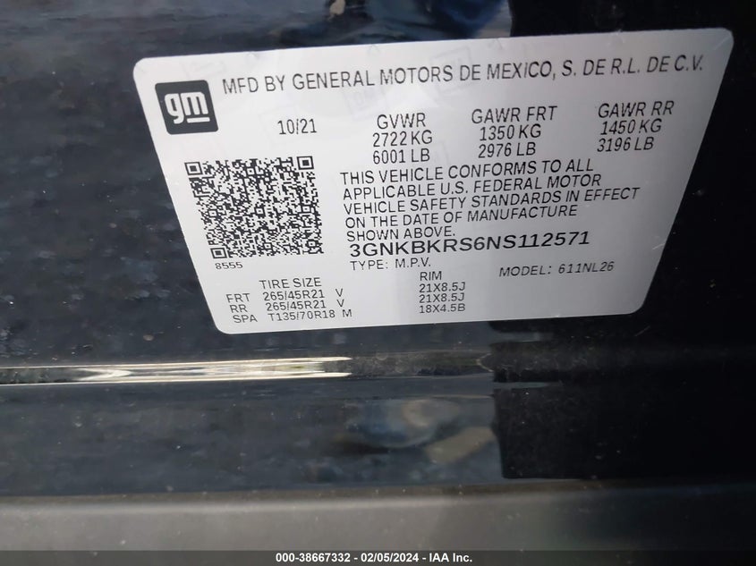 VIN 3GNKBKRS6NS112571 2022 CHEVROLET BLAZER AWD RS