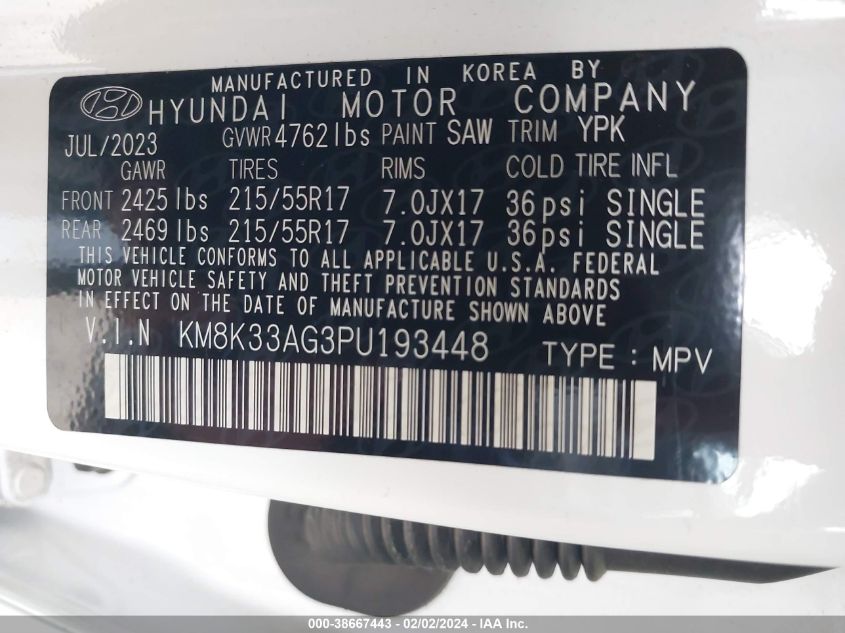 KM8K33AG3PU193448 2023 Hyundai Kona Electric Sel