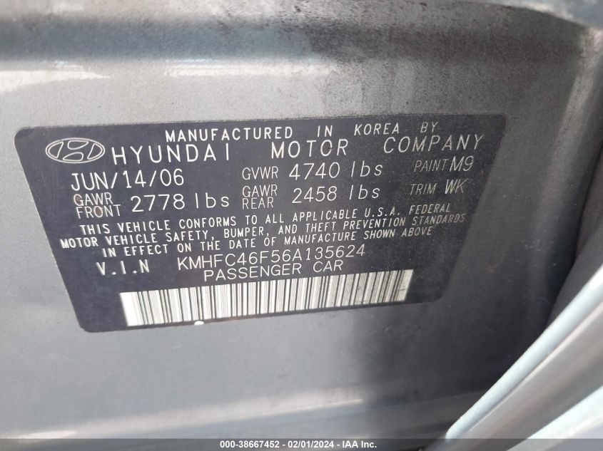 2006 Hyundai Azera Limited/Se VIN: KMHFC46F56A135624 Lot: 38667452