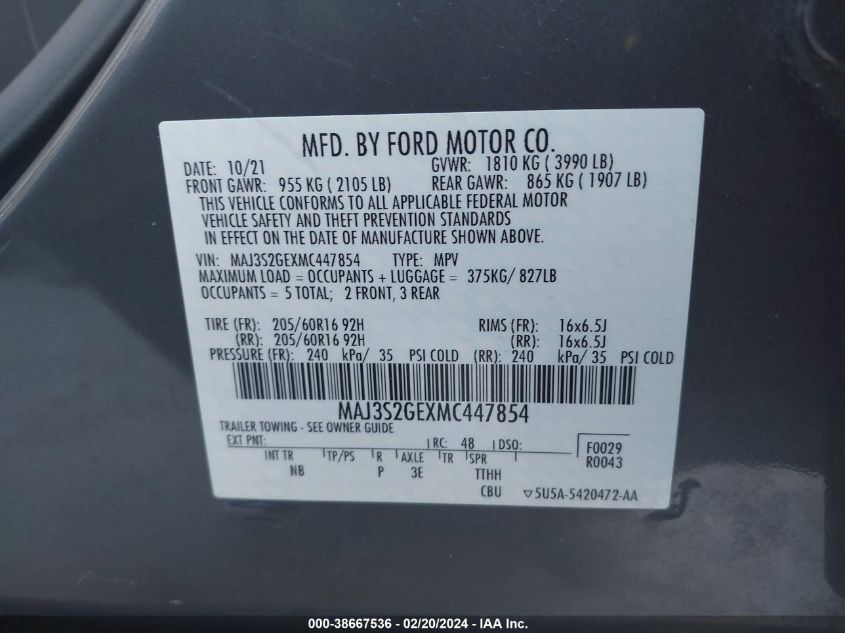 2021 Ford Ecosport Se VIN: MAJ3S2GEXMC447854 Lot: 38667536