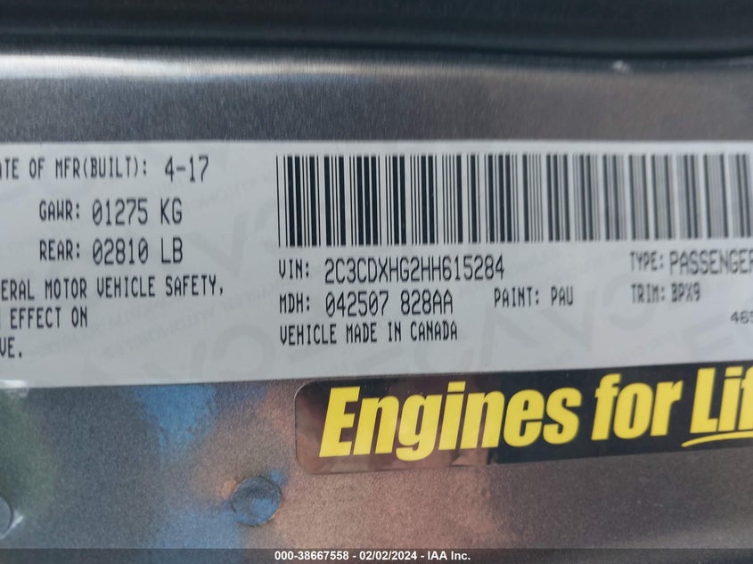 VIN 2C3CDXHG2HH615284 2017 DODGE CHARGER SXT