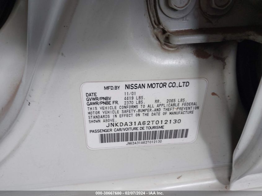2002 Infiniti I35 VIN: JNKDA31A62T012130 Lot: 38667680