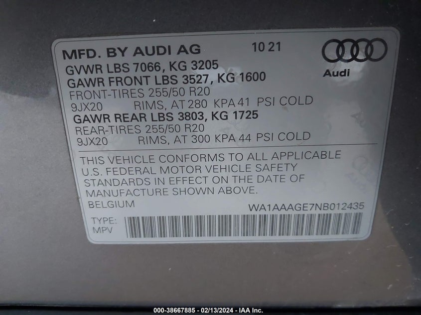 2022 AUDI E-TRON UNKNOWN SPECS(VIN: WA1AAAGE7NB012435