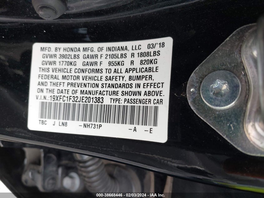 VIN 19XFC1F32JE201383 2018 HONDA CIVIC EX-T