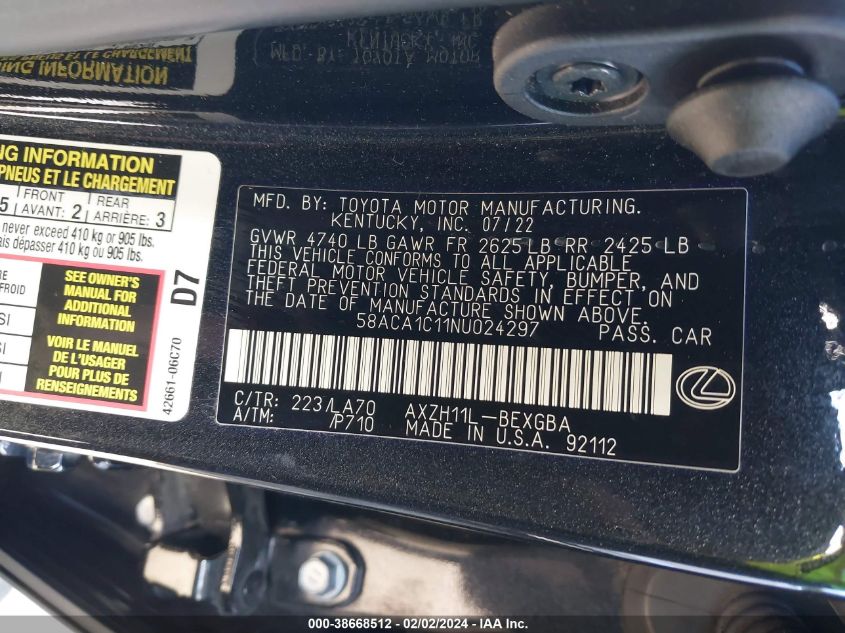 2022 Lexus Es 300H VIN: 58ACA1C11NU024297 Lot: 38668512