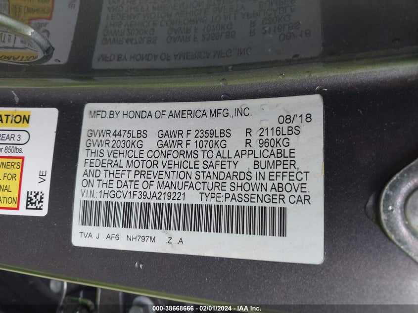 2018 HONDA ACCORD VIN: 1HGCV1F39JA219221