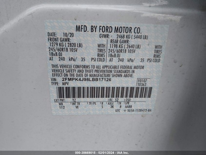 2FMPK4J98LBB17126 2020 FORD EDGE, photo no. 9