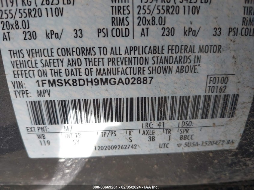 VIN 1FMSK8DH9MGA02887 2021 FORD EXPLORER XLT