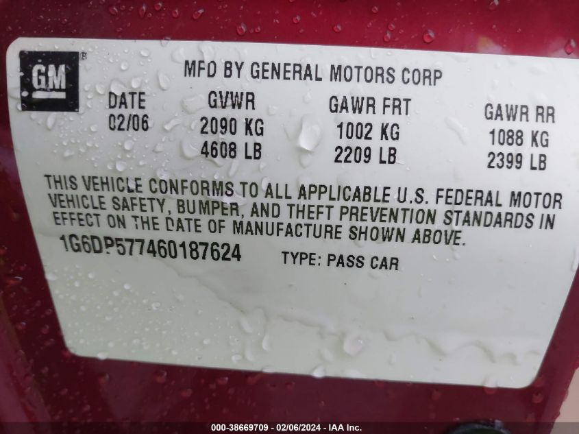 2006 Cadillac Cts Standard VIN: 1G6DP577460187624 Lot: 38669709