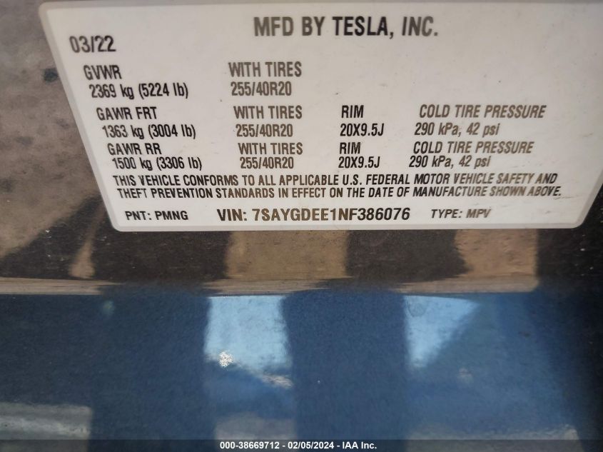 Auction sale of the 2022 TESLA MODEL Y , vin: 7SAYGDEE1NF386076, lot number: 38669712