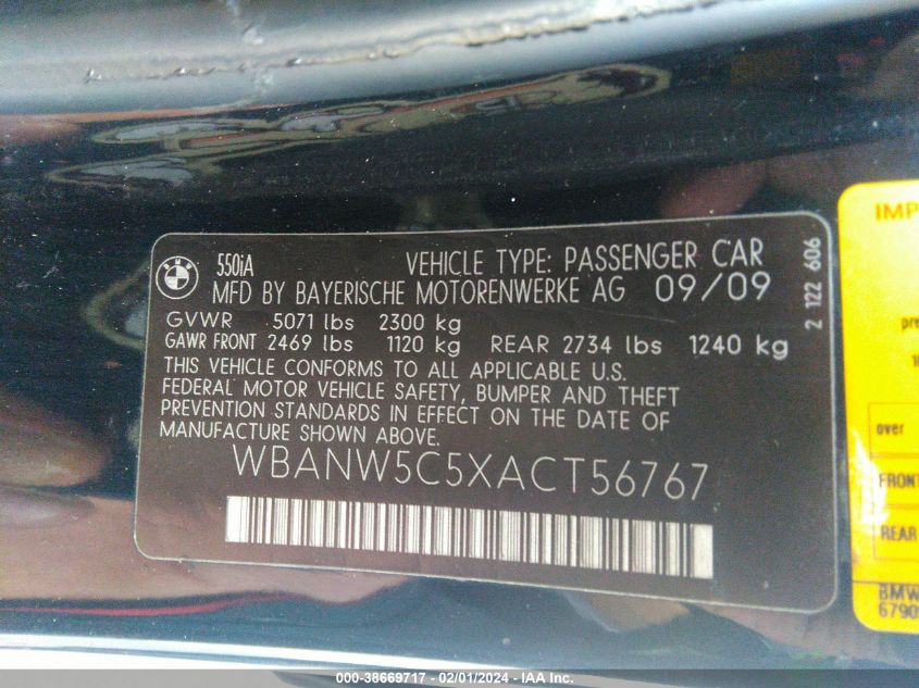 WBANW5C5XACT56767 2010 BMW 550I