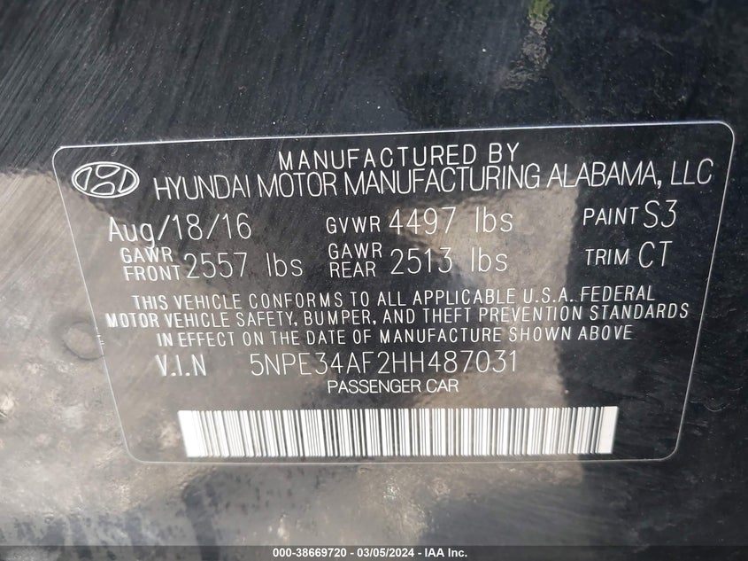 VIN 5NPE34AF2HH487031 2017 HYUNDAI SONATA SPORT