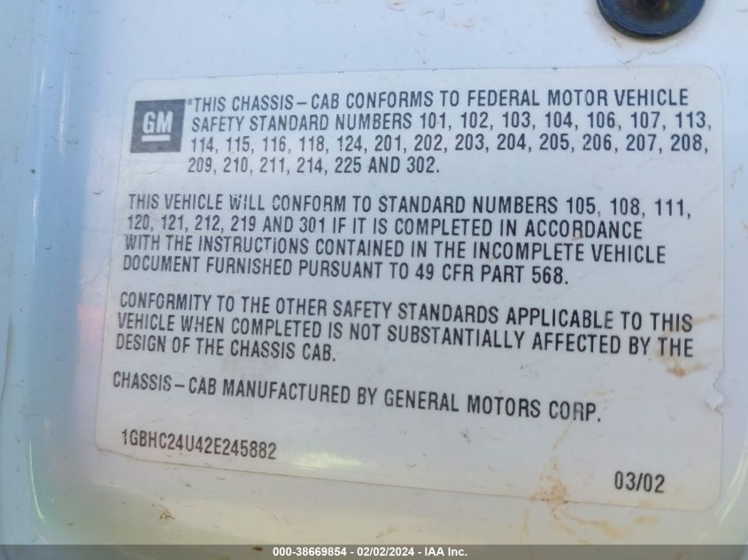 2002 Chevrolet Silverado C2500 Heavy Duty VIN: 1GBHC24U42E245882 Lot: 38669854