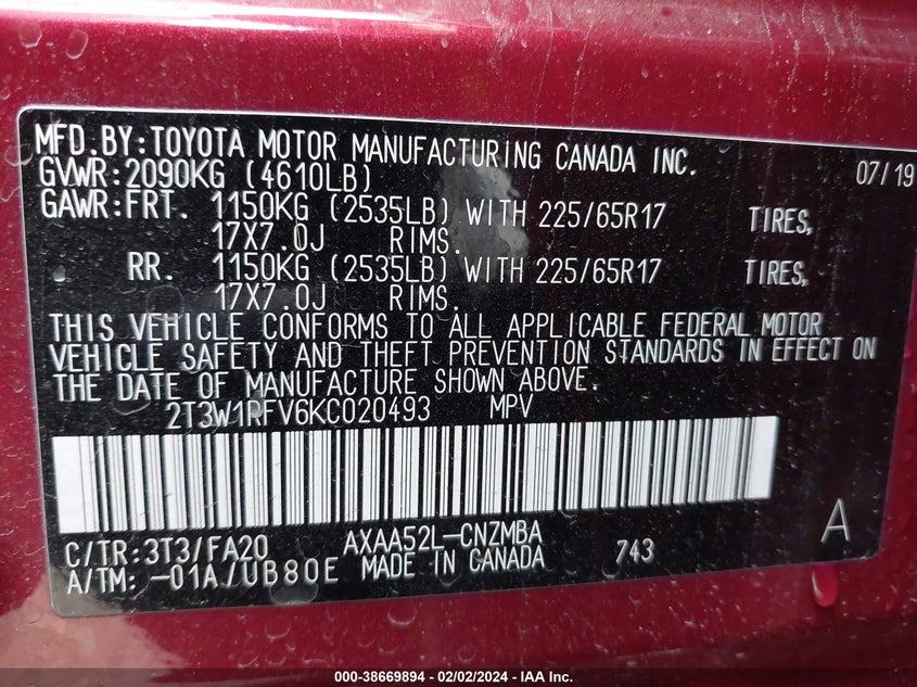 VIN 2T3W1RFV6KC020493 2019 TOYOTA RAV4 XLE