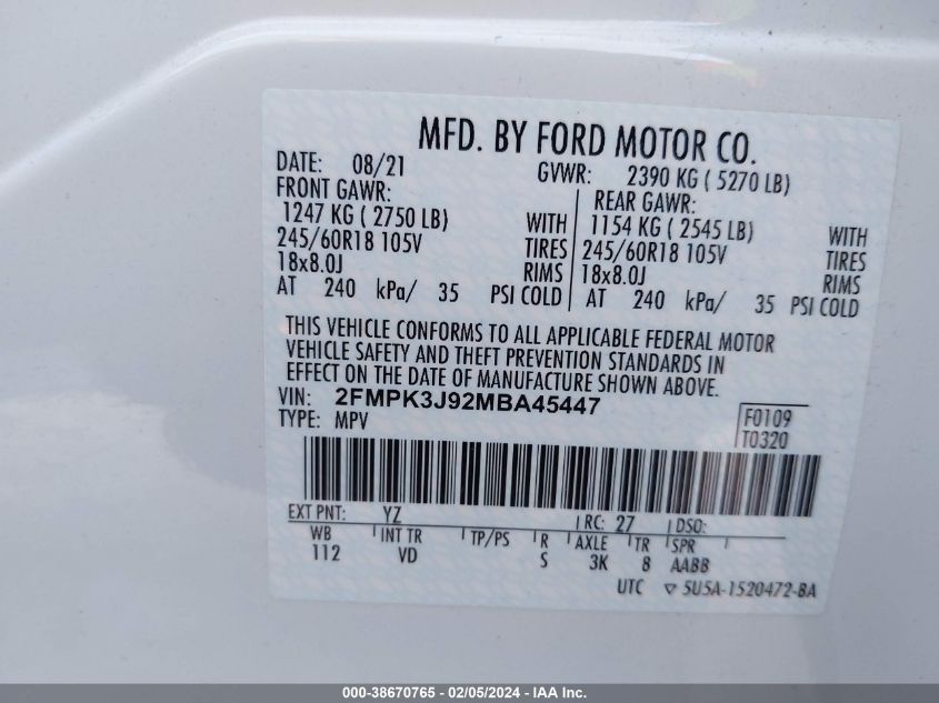 2FMPK3J92MBA45447 2021 FORD EDGE, photo no. 9