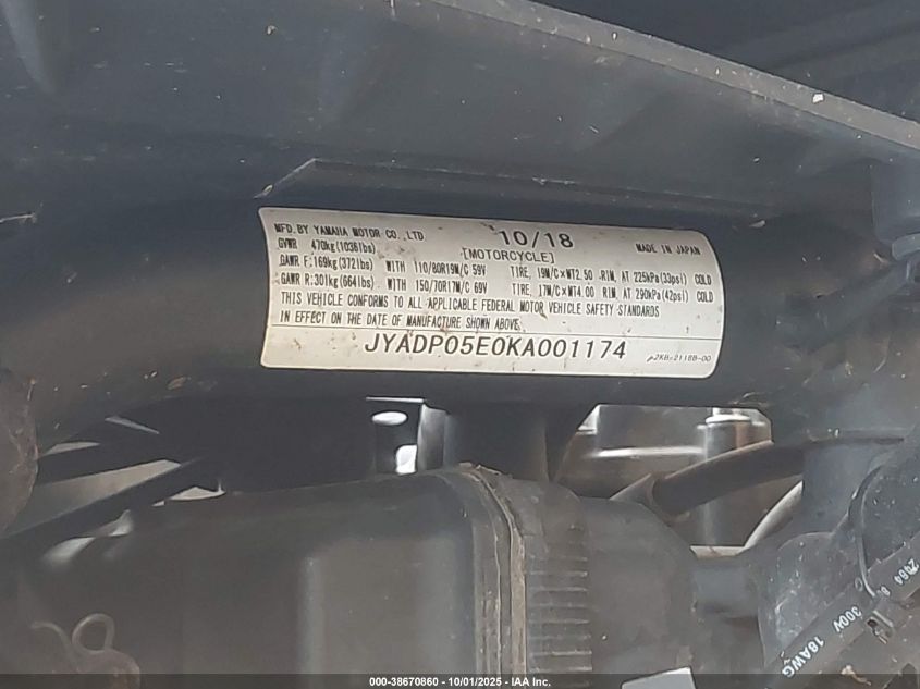 2019 Yamaha Xt1200Ze VIN: JYADP05E0KA001174 Lot: 38670860