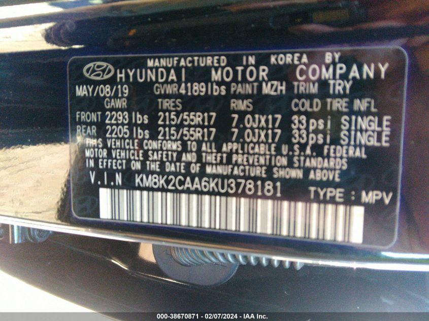 KM8K2CAA6KU378181 2019 Hyundai Kona Sel