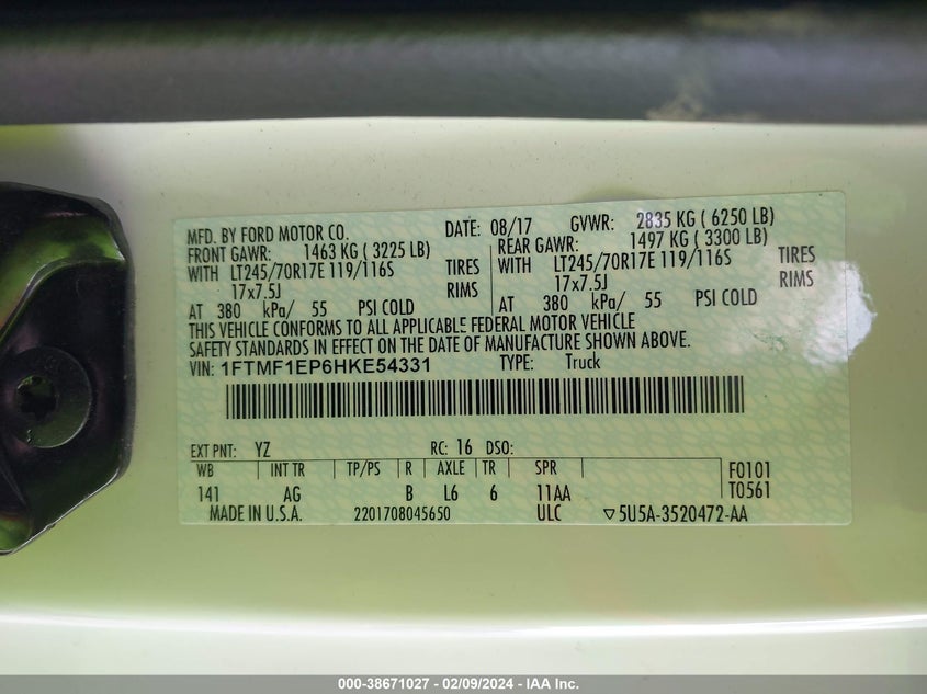 VIN 1FTMF1EP6HKE54331 2017 FORD F-150 XL