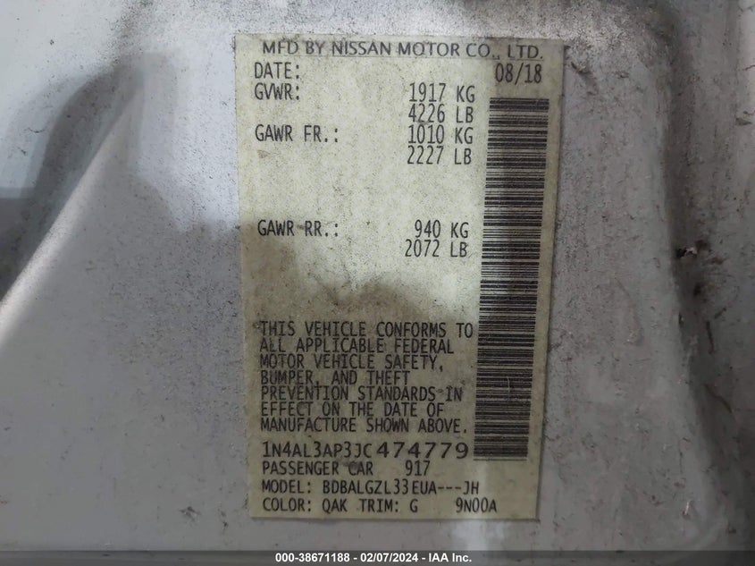 VIN 1N4AL3AP3JC474779 2018 NISSAN ALTIMA 2.5 S