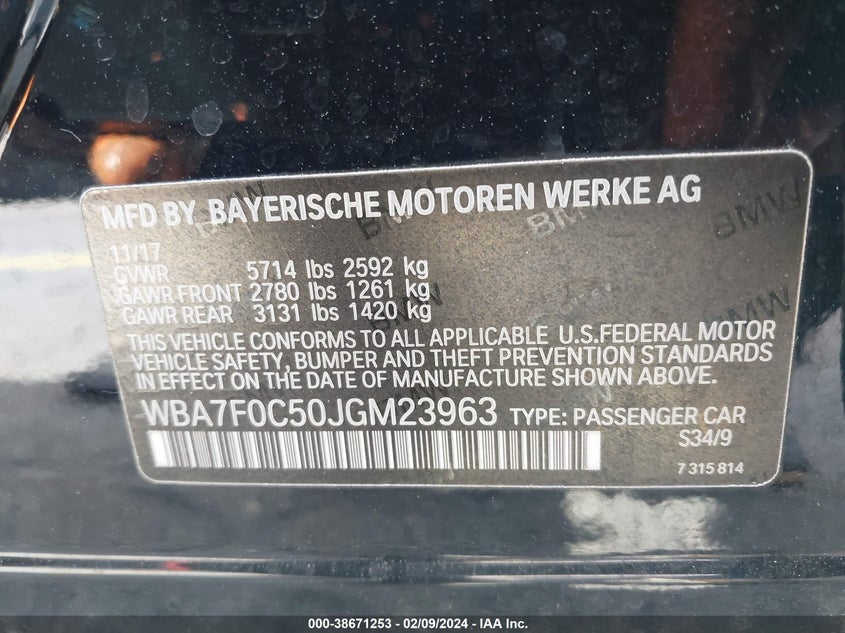 2018 BMW 750I VIN: WBA7F0C50JGM23963