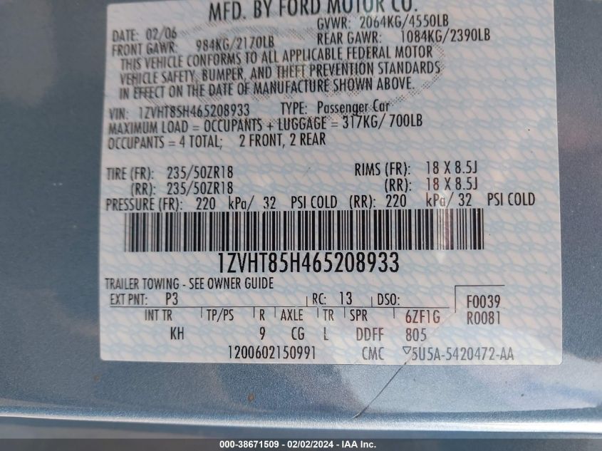 1ZVHT85H465208933 2006 Ford Mustang Gt