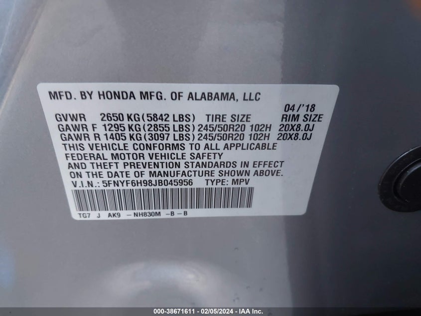 2018 HONDA PILOT TOURING - 5FNYF6H98JB045956