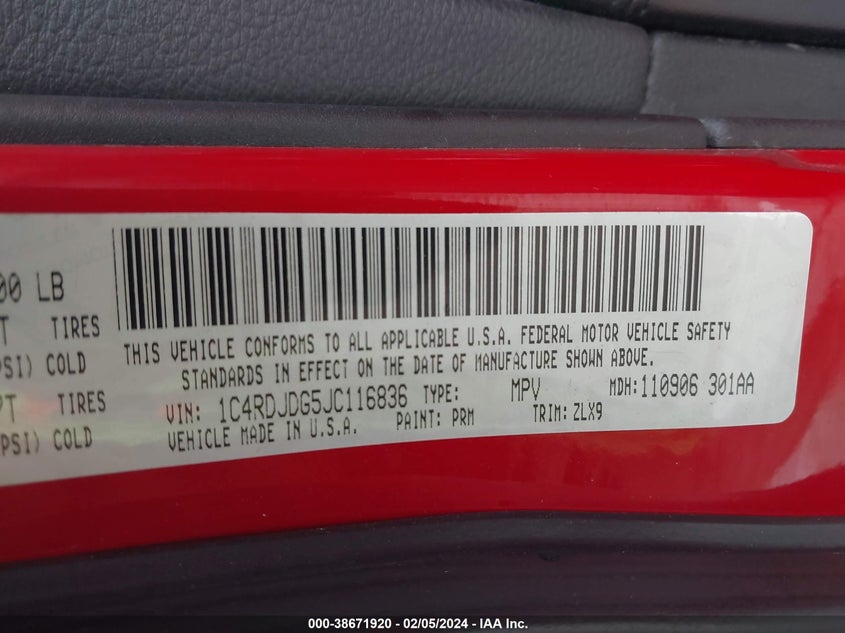 VIN 1C4RDJDG5JC116836 2018 DODGE DURANGO GT