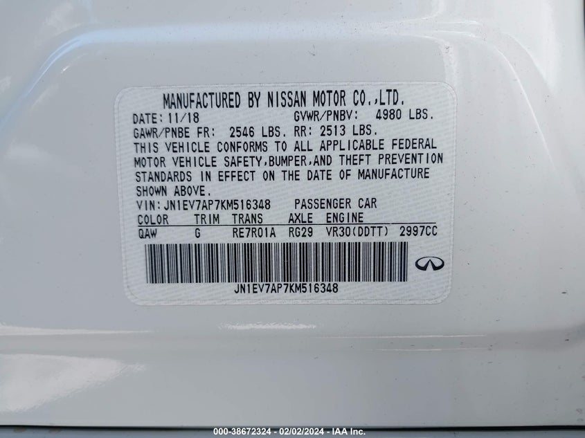 VIN JN1EV7AP7KM516348 2019 INFINITI Q50 LUXE/SPORT/SIGNATURE EDITION