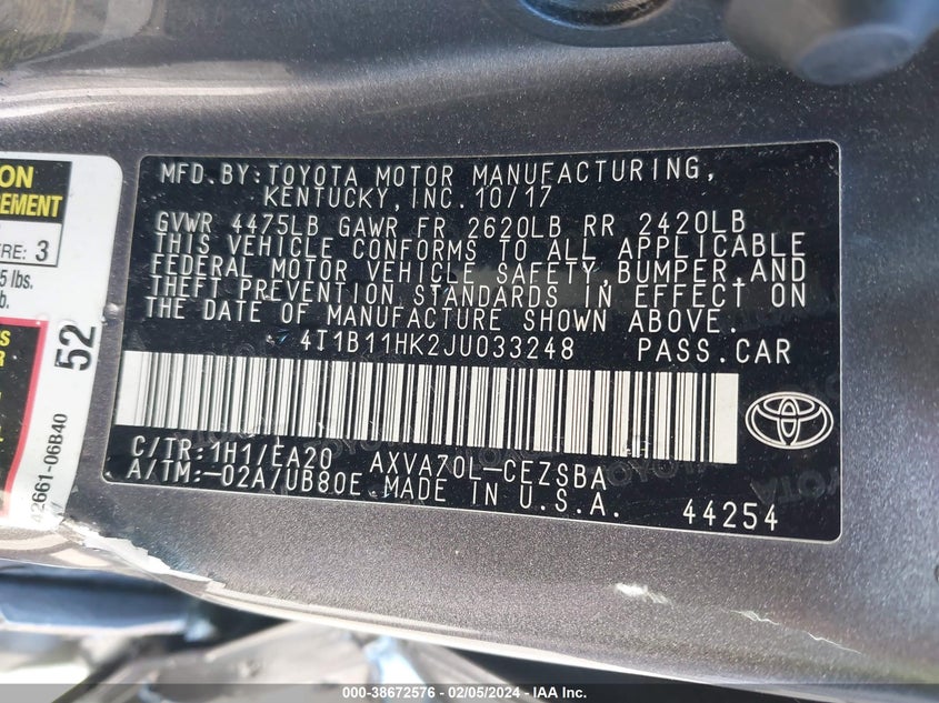 2018 TOYOTA CAMRY L/LE/XLE/SE/XSE - 4T1B11HK2JU033248