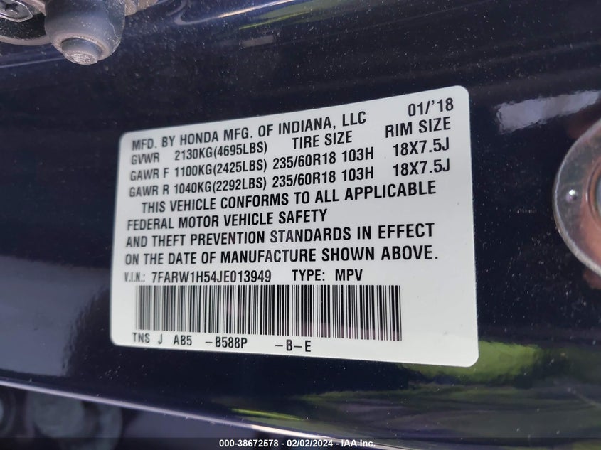 2018 HONDA CR-V EX - 7FARW1H54JE013949