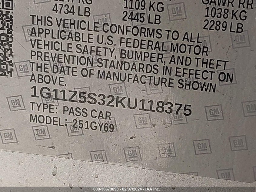 2019 CHEVROLET IMPALA LT - 1G11Z5S32KU118375