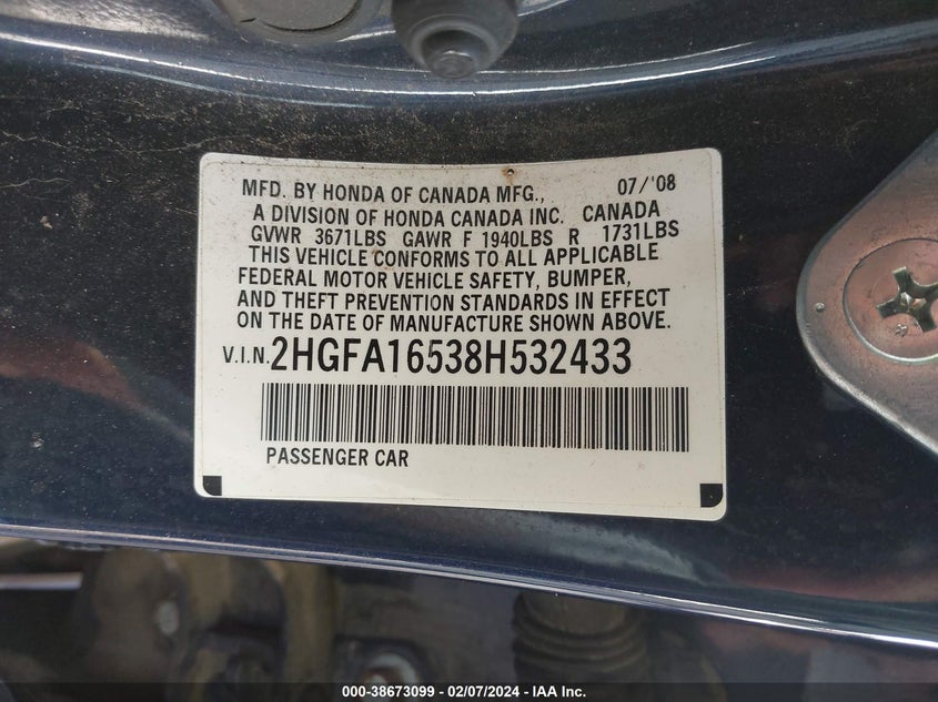 2008 HONDA CIVIC VIN: 2HGFA16538H532433