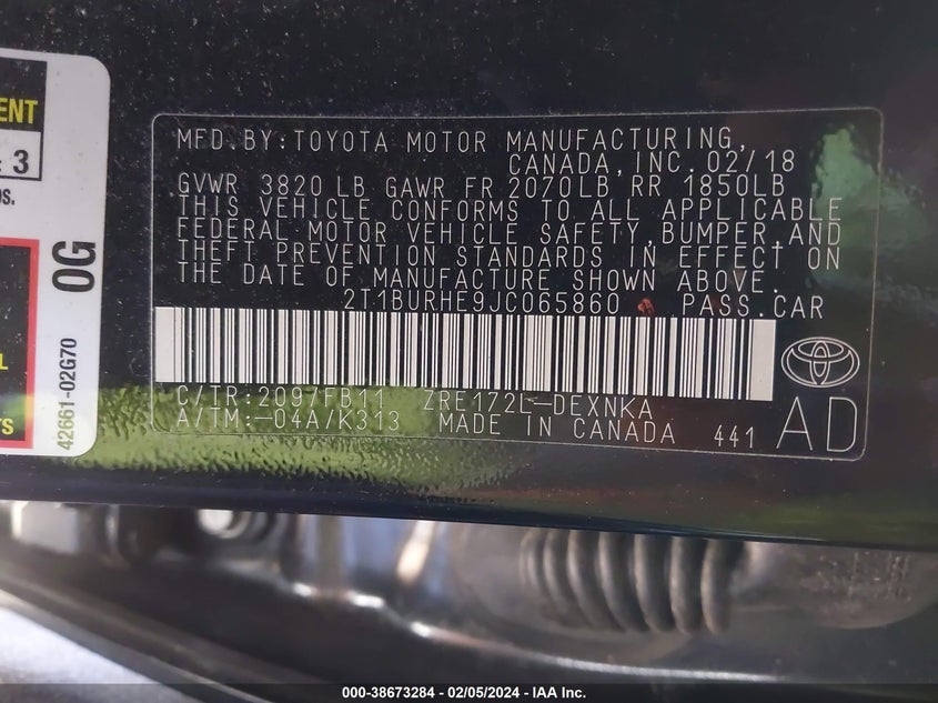 VIN 2T1BURHE9JC065860 2018 TOYOTA COROLLA L/LE/XLE/SE/XSE