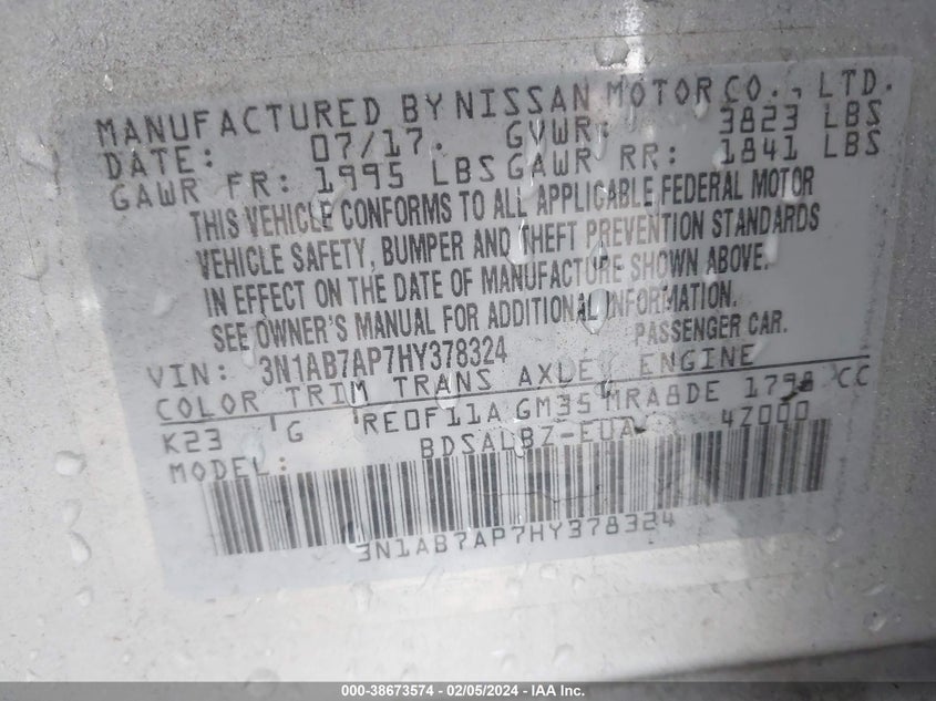 VIN 3N1AB7AP7HY378324 2017 NISSAN SENTRA S