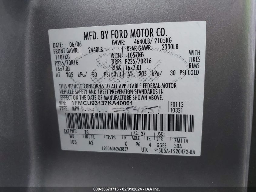 1FMCU93137KA40061 2007 Ford Escape Xlt/Xlt Sport