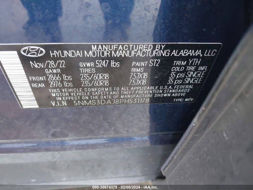 5NMS3DAJ8PH531178 2023 Hyundai Santa Fe Sel