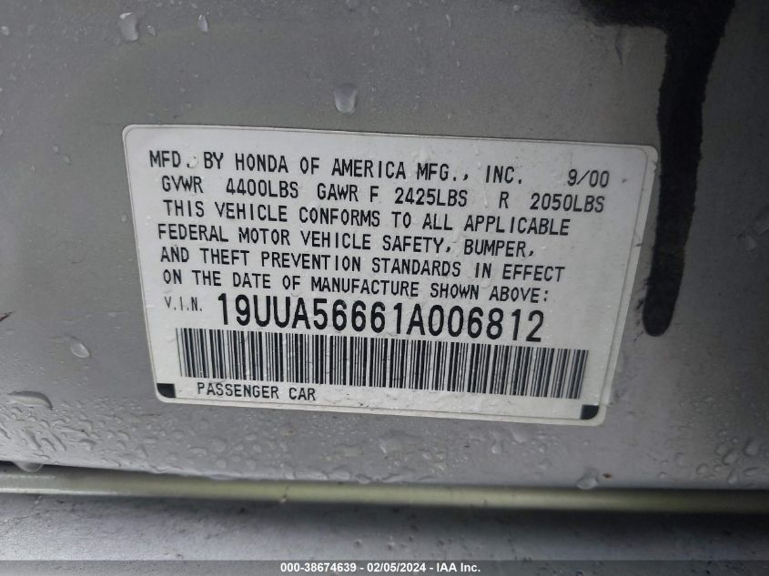 2001 Acura Tl 3.2 (A5) VIN: 19UUA56661A006812 Lot: 38674639