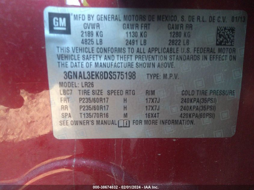 2013 CHEVROLET CAPTIVA SPORT LT 3GNAL3EK8DS575198