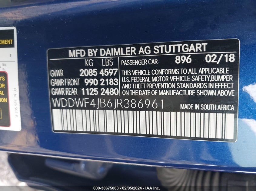 VIN WDDWF4JB6JR386961 2018 MERCEDES-BENZ C 300