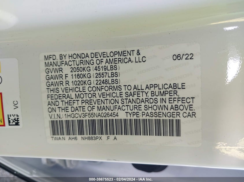 VIN 1HGCV3F55NA026454 2022 HONDA ACCORD HYBRID EXL