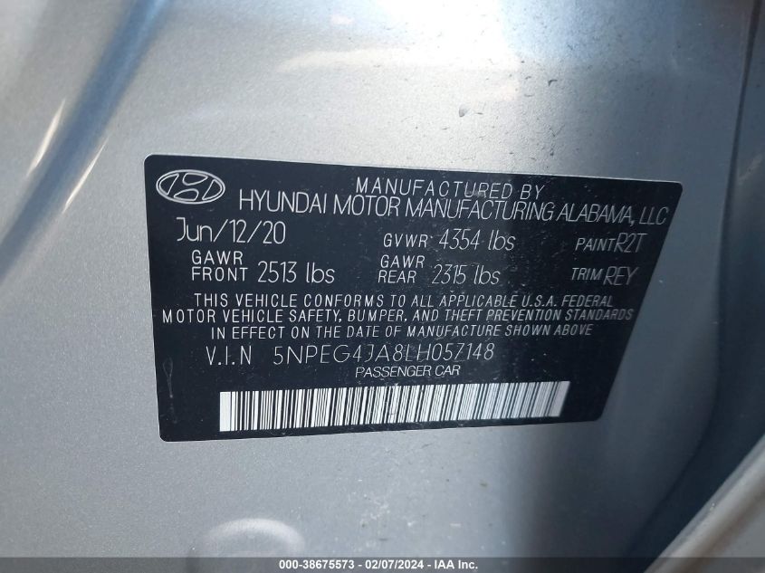 2020 Hyundai Sonata Se VIN: 5NPEG4JA8LH057148 Lot: 38675573