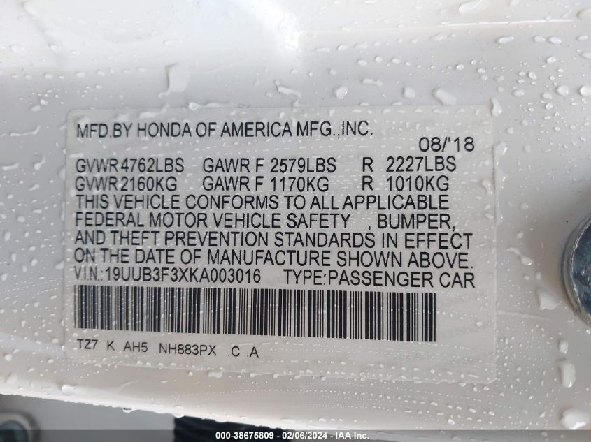 2019 Acura Tlx Standard VIN: 19UUB3F3XKA003016 Lot: 38675809