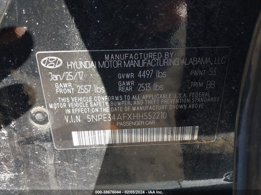 VIN 5NPE34AFXHH552210 2017 HYUNDAI SONATA LIMITED
