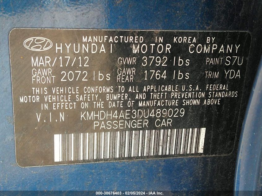 2013 Hyundai Elantra Gls (Ulsan Plant) VIN: KMHDH4AE3DU489029 Lot: 38676403